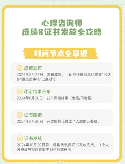 2024年完美电竞8月心理咨询师考后相关时间安排一览